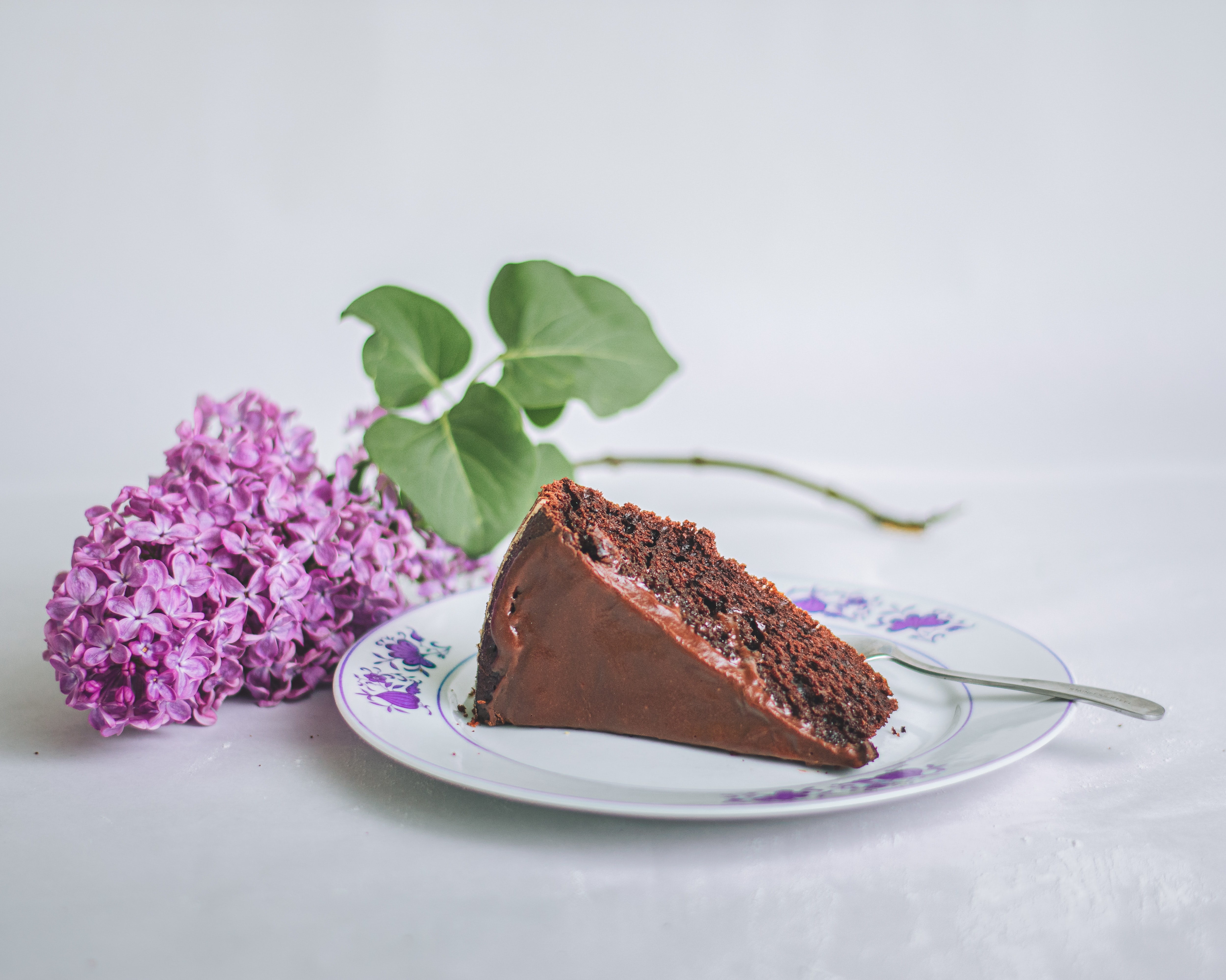 A slice of chocolate cake on a white plate with lilac placed beside it